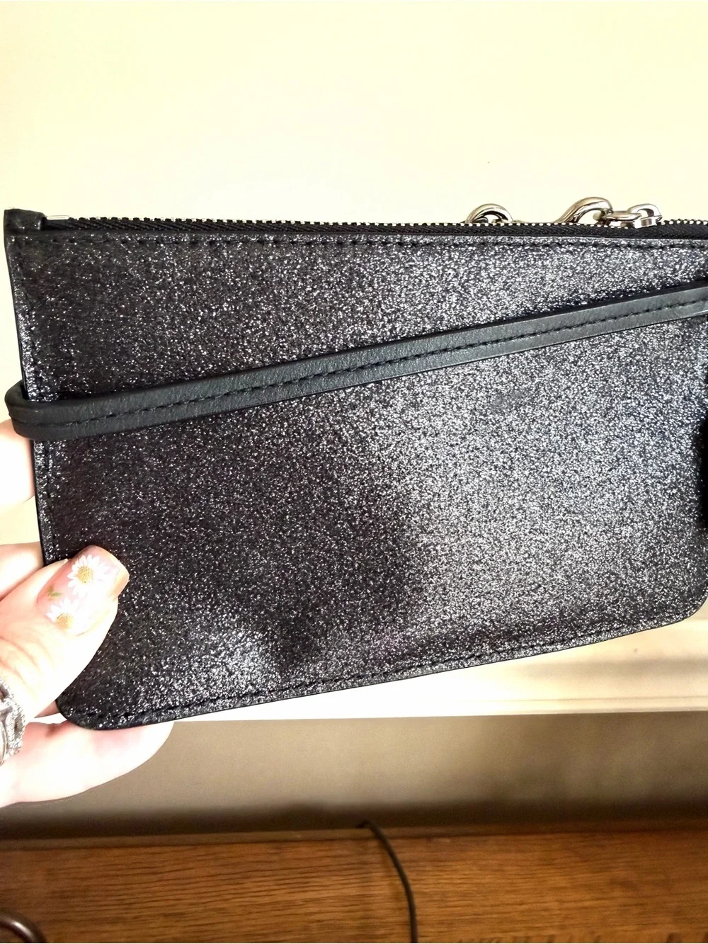 Coach Black Glitter Wristlet Clutch with Silver Logo, strap and hangtag EUC